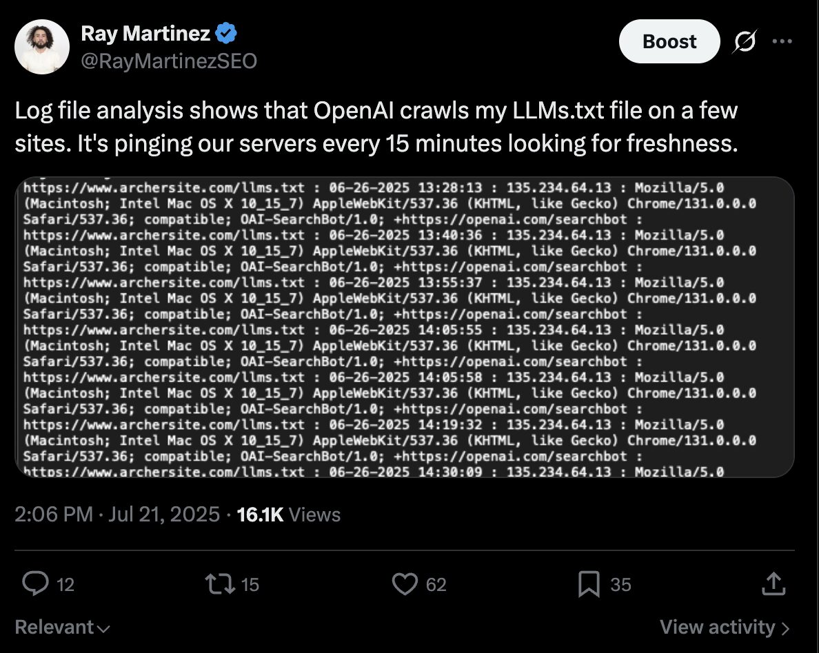 Google Says Normal SEO Works for AI Overviews and It Won't Use LLMs.txt. My Server Logs Tell a Fuller Story. Screenshot of X post on LLMs.txt